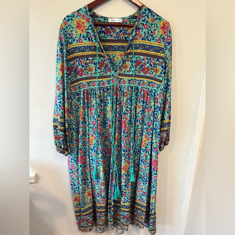 R VIVIMOS Bohemian Floral Midi Dress in Teal Size L - Picture 2 of 10